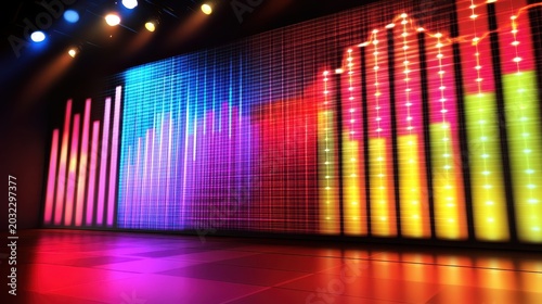 Vibrant audio visualizer display with colorful pulsing bars on a dark stage representing energetic music