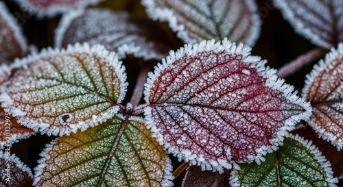 Intricate Ice Crystals Forming a Delicate Fringe on Colorful Leaves.