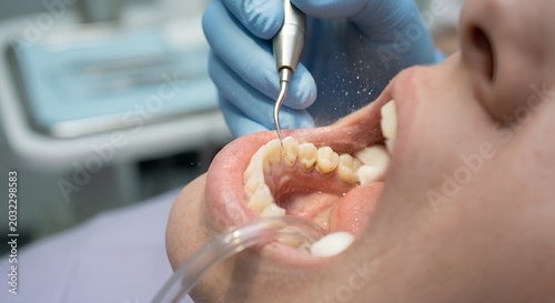 Dentist or dental hygienist using an ultrasonic scaler to remove calculus (tartar) and plaque from a patient's teeth, with water spray visible, representing professional dental cleaning