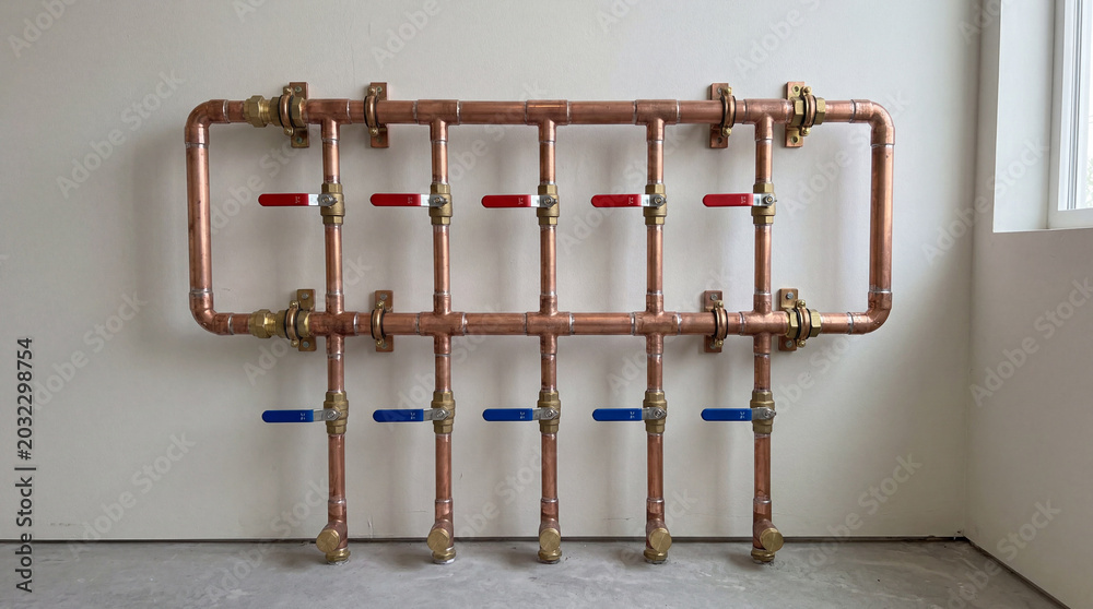 Fototapeta premium Symmetrical copper pipe manifold system fitted with bright red and blue industrial lever valve handles