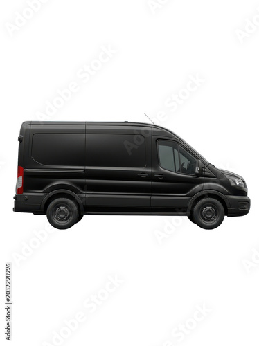 Realistic Black Cargo Van Side View Isolated on Transparent Background