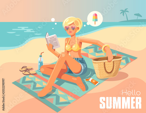 Flat vector illustration of a blonde woman sunbathing on beach, reading a book and dreaming of ice cream. Summer vacation mood with retro warm palette.