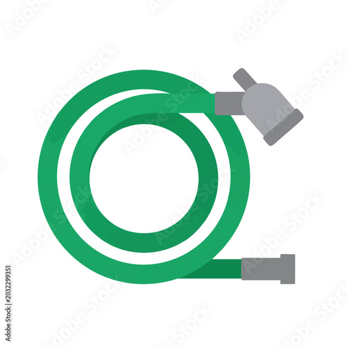Flat vector illustration of a green garden hose with spray nozzle.