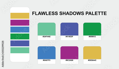 Photos Curated designer color palette titled Flawless Shadows featuring a modern hex color swatch set with vibrant green, blue, and purple tones for creative brand identity