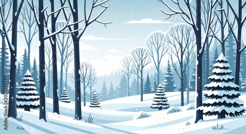 Winter forest landscape featuring snow covered pine trees and bare branches under a bright blue sky in seasonal weather