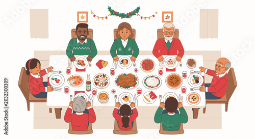 Fotografie Family Gathering Around Christmas Dinner Table 1.
