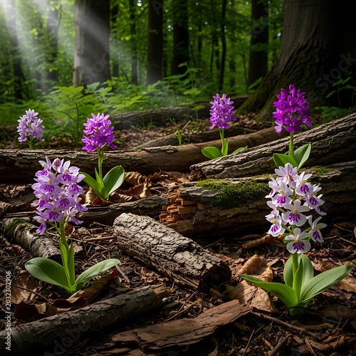 Purple wildflowers blooming along woodland stream.