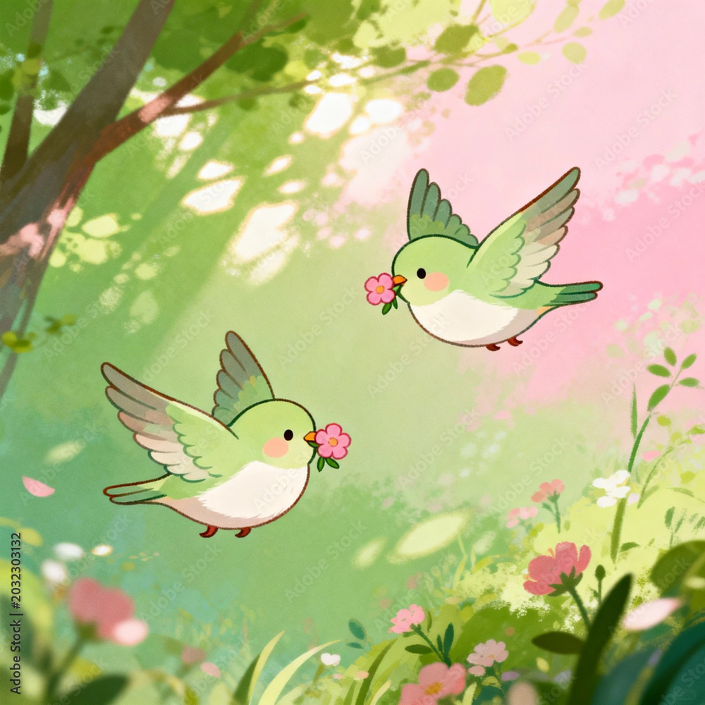 Fototapeta premium Cute Green Sparrows with Pink Blossoms Spring Forest Thread‑Embroidery Art
