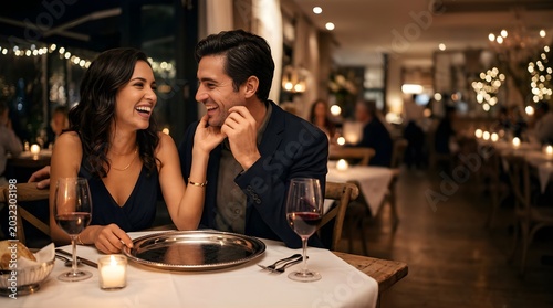 Happy couple laughing during a romantic dinner date at a fancy restaurant