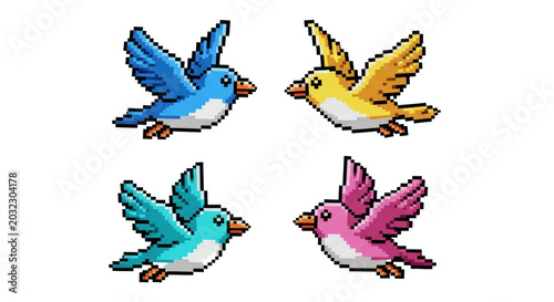 Four small stylized pixel art birds in blue, yellow, cyan, and pink flying in a grid on a transparent background retro video game aesthetic