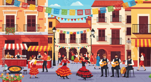 Spanish Fiesta Celebration: People Dancing, Music, Food Stalls in Colorful Town Square