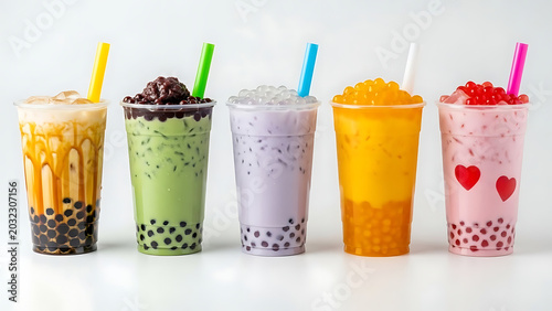 Assorted vibrant flavors of refreshing boba milk tea with chewy black tapioca pearls served in takeaway plastic cups with wide straws, isolated on a clean white background for a summer treat.