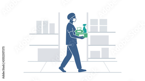 Tableau sur toile A dedicated cleaner carrying cleaning supplies in a professional setting