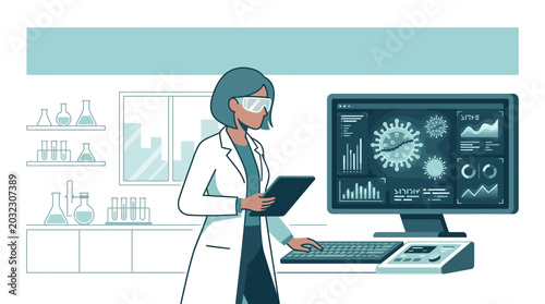 Foto A dedicated female scientist analyzing virus data on her computer in a laboratory