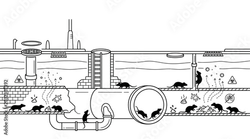 Bild auf Leinwand A detailed line art illustration of rats living in a city sewer system