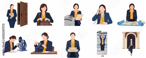 Tableau sur toile Business woman character set performing various office tasks, archival work, and