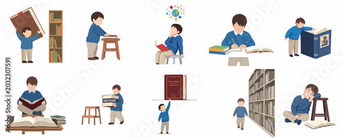 Foto Little Boy Character Set in Various Poses Reading Books, Studying in Library, an