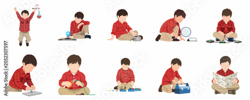 Foto Set of Little Boy Illustrations Exploring STEM Activities, Science, Technology,