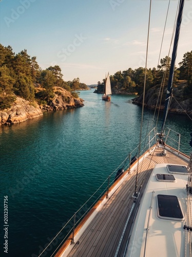 A sailboat cruising through the calm and beautiful coastal waters of Raja Ampat