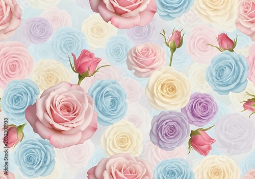 Seamless pattern of pastel pink, blue, yellow, and purple roses with buds on a light background, creating a soft floral design.