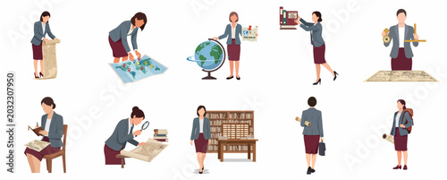 Fotografi Set of professional female geographer and cartographer characters examining worl