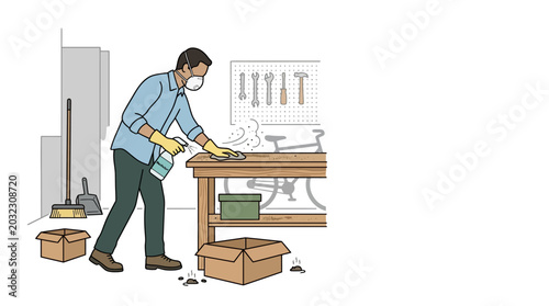 Tableau sur toile A man wearing a face mask cleaning a wooden workbench in a workshop