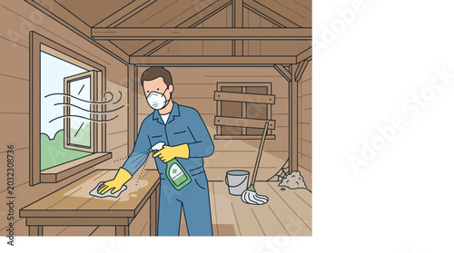 Photos A man wearing protective gear cleaning a table in a workshop.