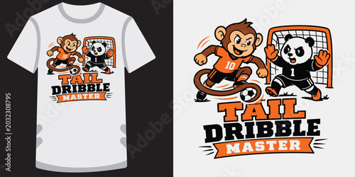 Photography Monkey and panda soccer dribble master design for youth clothing with fun athletic art