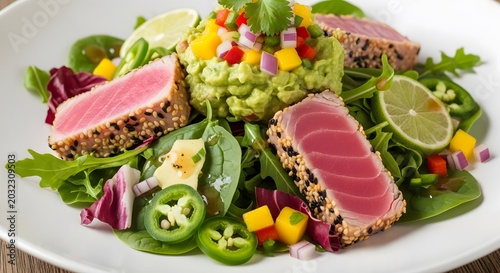 Gourmet Seared Tuna Salad with Sesame Seeds, Mango Salsa, Guacamole, Jalapenos, and Fresh Greens
