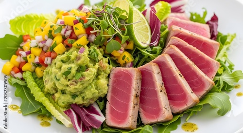 Delicious Seared Tuna Salad with Mango Salsa, Guacamole, and Fresh Greens for a Healthy Meal