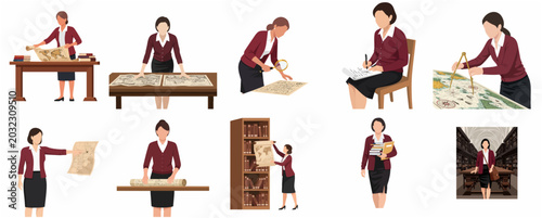 Quadro em tela Set of flat vector illustrations of a female cartographer or historian researchi