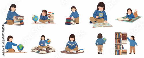 Bild auf Leinwand Set of vector illustrations of a little girl studying with books and a globe, exploring maps, and reading encyclopedia for early childhood education and curiosity concept