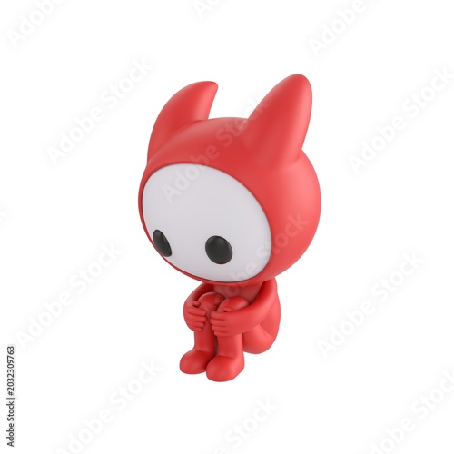 Fotografia Cute 3D render Red Little Monster character sitting on the floor hugging knees