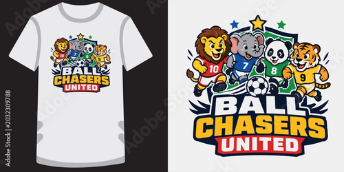 Fotografie United ball chasers animal soccer team with shield emblem vector illustration for t shirts