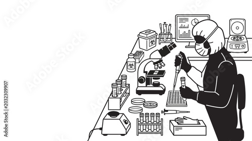 A scientist wearing protective gear performing experiments in a laboratory setting.