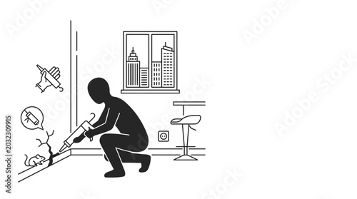 Schilderij op canvas A silhouette figure using a sealant gun to seal cracks and block pests in a room