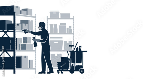 Εκτύπωση καμβά A silhouette illustration of a professional cleaner disinfecting shelves in a warehouse