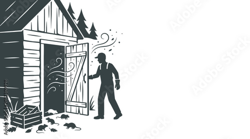 Принти на полотні A silhouette of a man discovering a rat infestation inside a storage shed