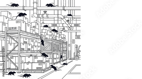 Photography A swarm of rats infesting a cluttered warehouse storage facility.