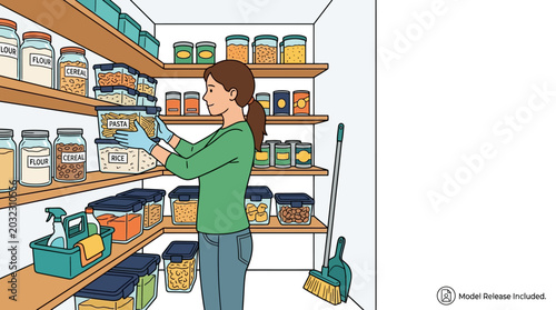 Φωτογραφία A woman organizing and cleaning pantry shelves with storage containers