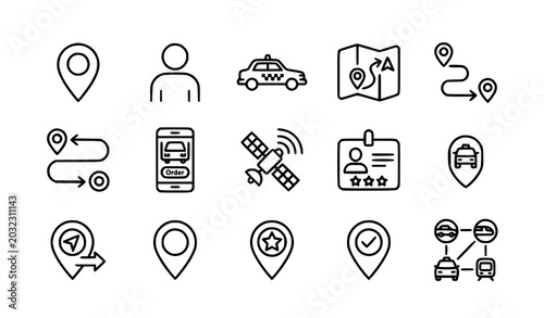 Ride sharing outline icon set taxi navigation and passenger vector isolated on white background