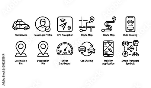 Foto Modern ride sharing outline icon set smart transport and navigation vector isola
