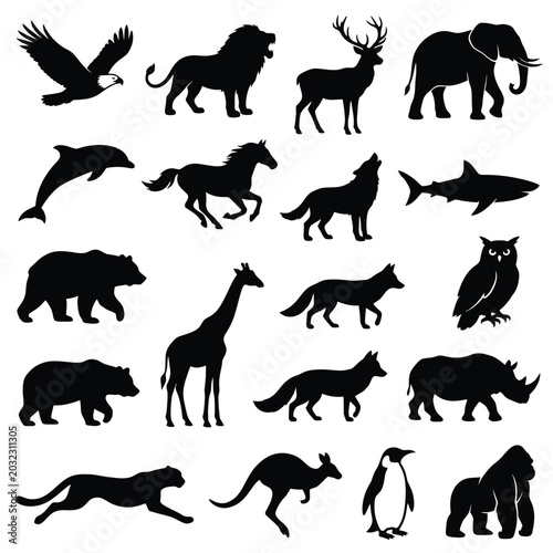 Black silhouettes of various wild animals.
