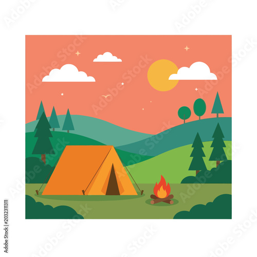 Yellow Tent in Green Field.