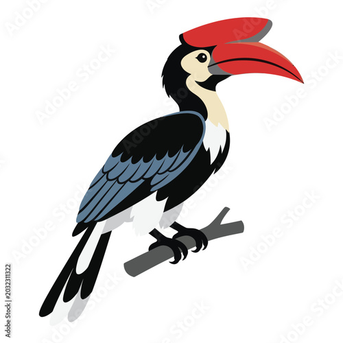 Colorful Cartoon Hornbill Bird Perched.