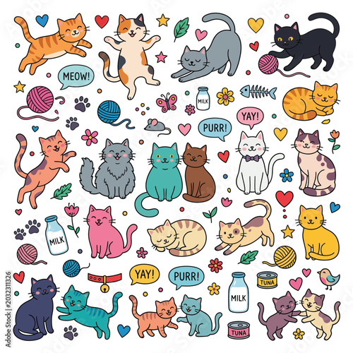 Colorful cartoon cats and kittens play.