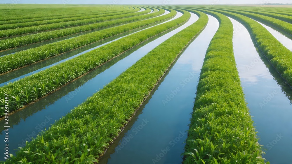 Naklejka premium Rows of crops in flooded fields