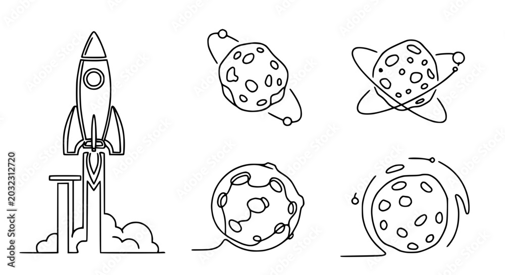 Obraz premium Minimalist line art rocket launch and planets, space exploration doodle.