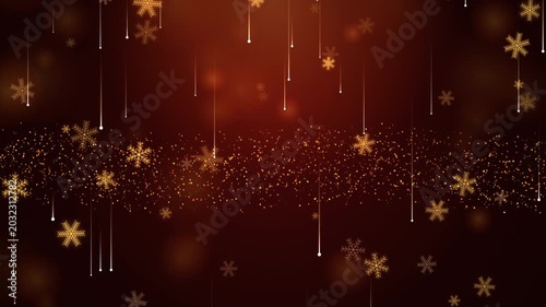 Golden Snowflake Particles Falling on Red Background, Holiday Festive Loop, Glittering Winter Animation, Shimmering New Year Backdrop, Elegant Christmas Motion Graphic 4k video