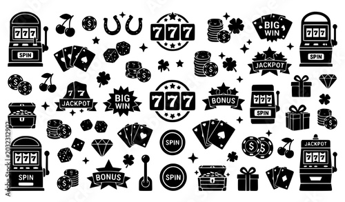 Fotografía Modern slot machine casino silhouette icon set with jackpot triple seven and big